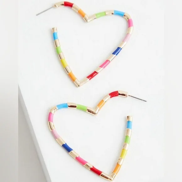 NWT Torrid Celebrate Love Rainbow Enamel Heart Hoops goldtone - Picture 2 of 2